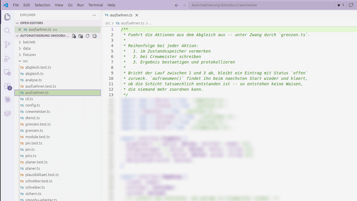 Projekt Smoobu und Crewmeister in Visual Studio Code: Kommentar zur sicheren Reihenfolge beim Eintragen der Schichten, der Programmcode ist unkenntlich gemacht