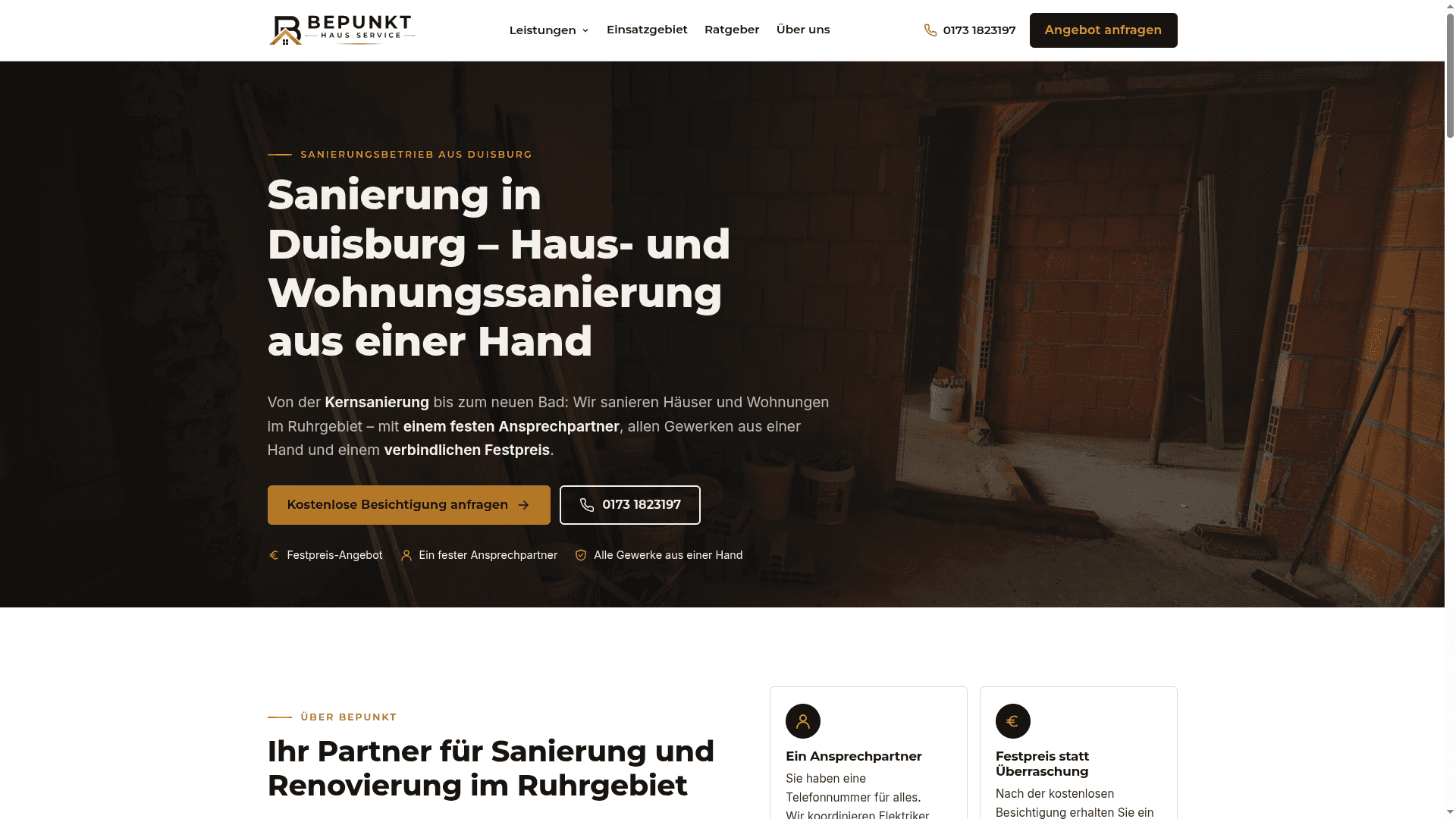 Startseite der Website von Bepunkt Haus Service für Haus- und Wohnungssanierung in Duisburg mit Baustellenfoto im Hintergrund