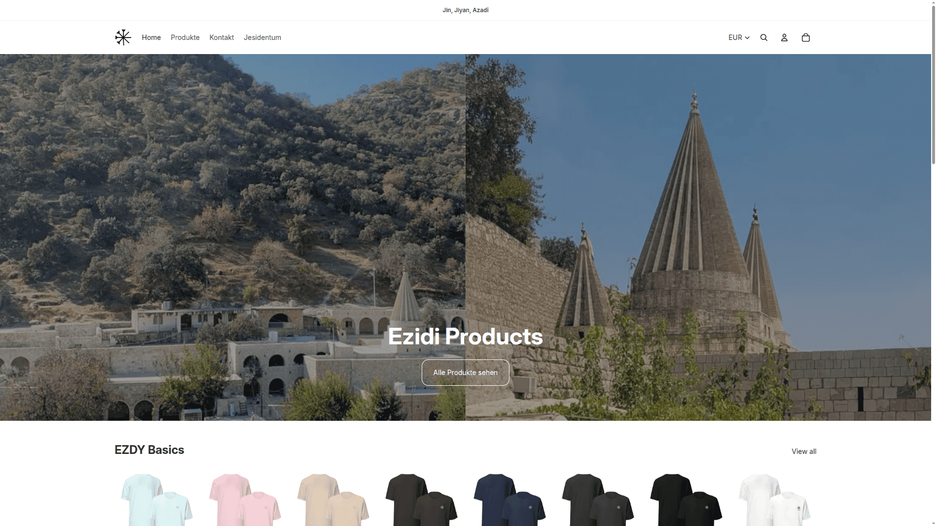 Startseite des Onlineshops Ezidi Products mit großem Titelbild und T-Shirt-Kollektion
