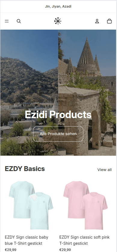 Mobile Ansicht des Onlineshops Ezidi Products mit Produktübersicht der EZDY Basics