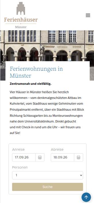 Mobile Ansicht der Website Ferienhäuser Münster mit Anreise- und Abreise-Suche
