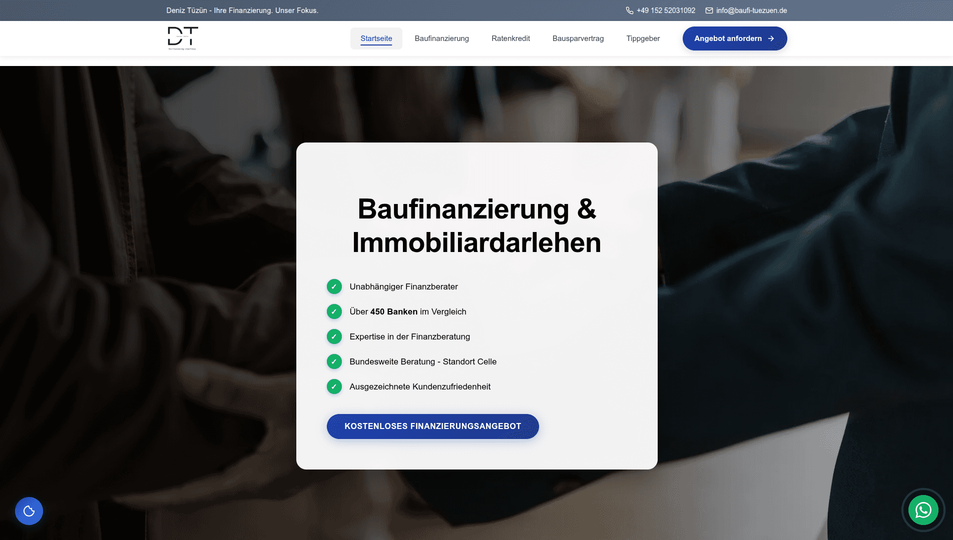 Startseite der Website eines Finanzberaters für Baufinanzierung und Immobiliardarlehen