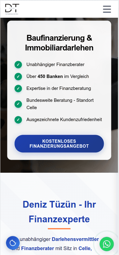 Mobile Ansicht der Finanzberater-Website mit Vorteilen und Button für ein Finanzierungsangebot