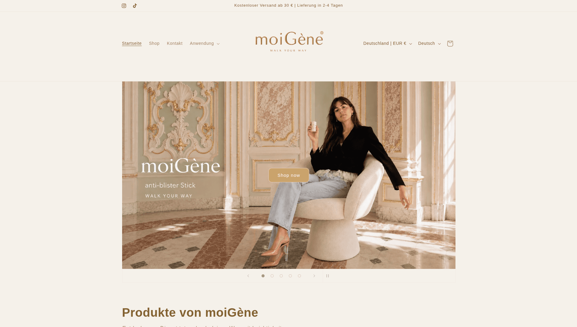 Startseite des Onlineshops moiGène mit Kampagnenbild für den Anti-Blister-Stick