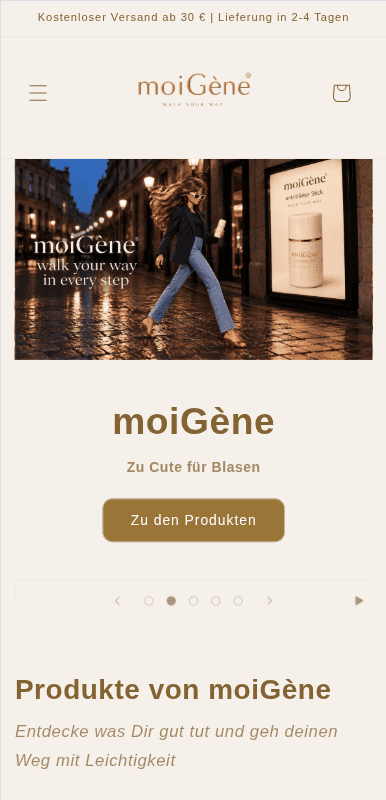 Mobile Ansicht des Onlineshops moiGène mit Slider und Button zu den Produkten