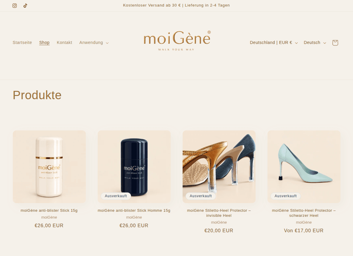 Produktübersicht im Onlineshop moiGène mit Anti-Blister-Sticks und Heel-Protectoren, umgesetzt mit Shopify